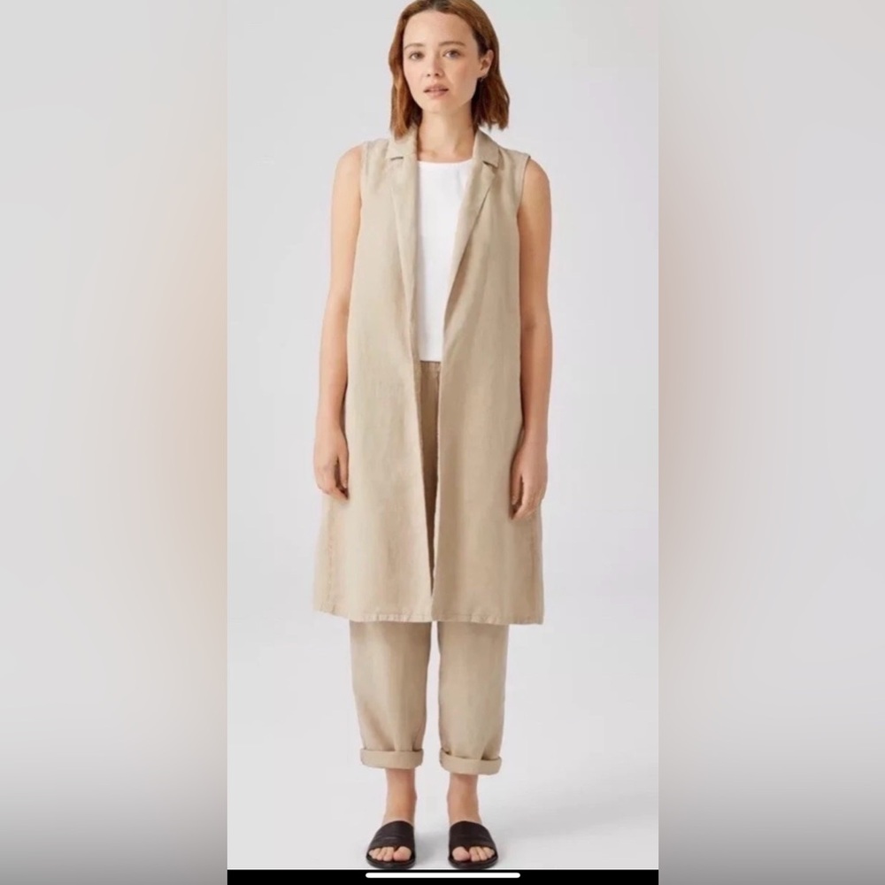 Eileen Fisher Linen Blend Brown Long Collared Vest W/Pockets Size PM Women’s